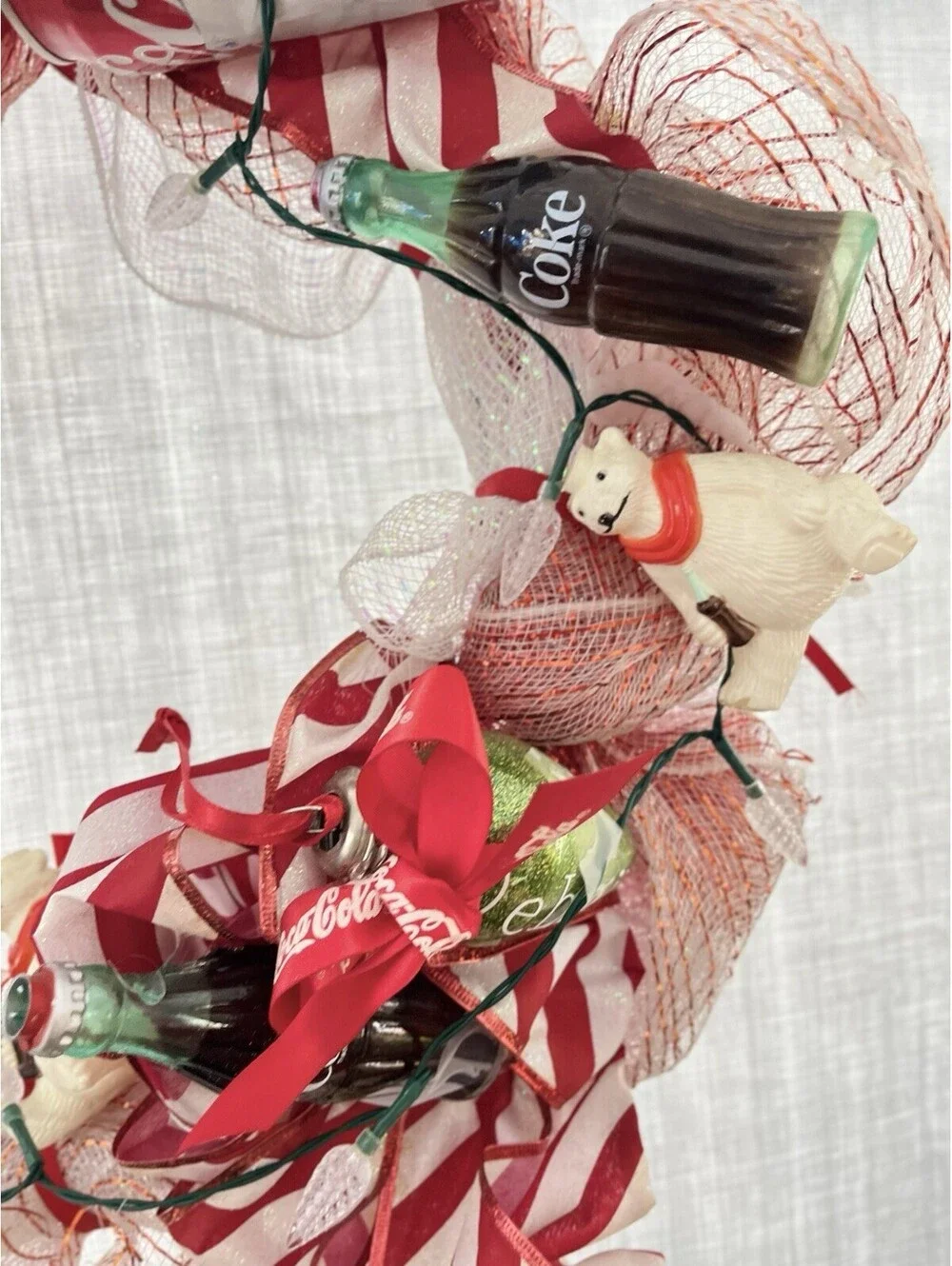 Handmade Coca Cola Christmas Winter Wreath Deco Mesh Red  White 17”